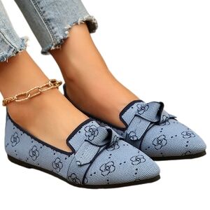 Pointed Bow Top Knit Contrasting Print Ballet Flat Casual Loafer Slip-on Shoes